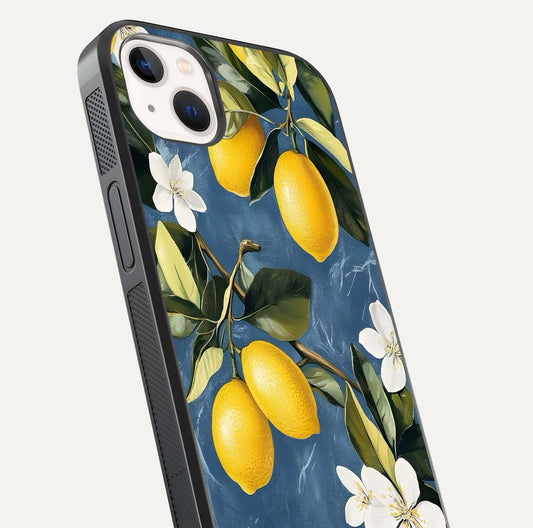 Lemon Dream Garden Glass Case for iPhone 14 Plus close-up angled shot showing fruit details and shine reflection