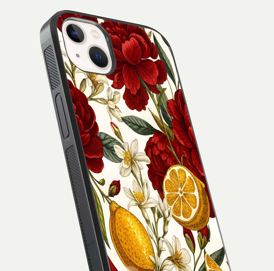 Lemon Rose Charm Glass Case for iPhone 14 Plus angled close-up showing vivid rose details and HD glass reflection
