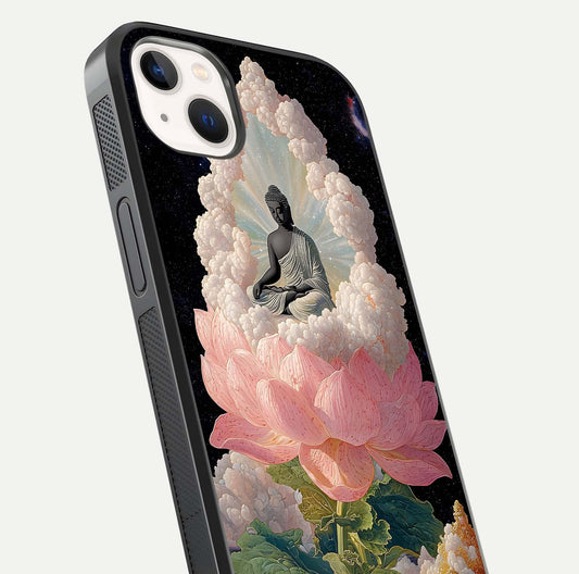 Lotus Divine Peace Glass Case for iPhone 14 Plus angled close-up showing delicate petals and gloss reflection