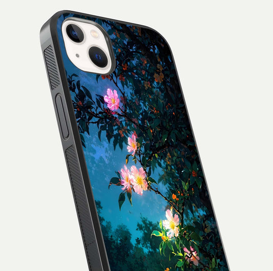 Midnight Bloom Glow Glass Case for iPhone 14 Plus close-up angled shot showing petal highlights and glow reflection