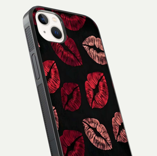 Midnight Kiss Love Glass Case for iPhone 14 Plus close-up angle highlighting red accents and reflection shine