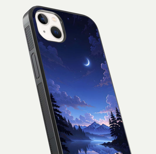 Midnight Lake Peace Glass Case for iPhone 14 Plus close-up angled shot showing blue night tones and reflection