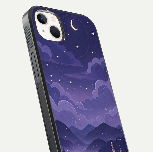 Minimal Night View Glass Case for iPhone 14 Plus close-up angled shot showing lights reflection and dark tone details