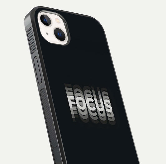 Mono Focus Vision Glass Case for iPhone 14 Plus close-up angled shot highlighting minimal contrast and reflection