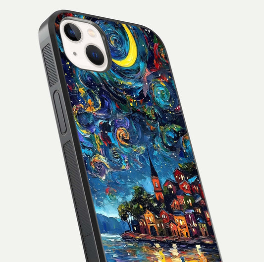 Moonlight Harbor Glow Glass Case for iPhone 14 Plus close-up angled shot showing reflection and moonlight glow