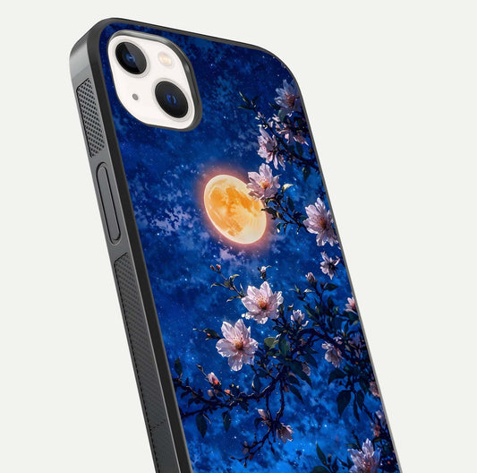 Moonlit Blossoms Night Glass Case for iPhone 14 Plus close-up angled shot showing petal glow and reflection detail