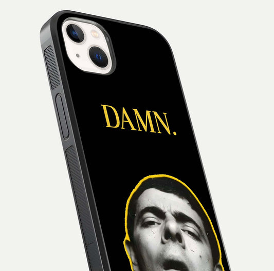 Mr Bean Damn Glass Case for iPhone 14 Plus close-up angled shot highlighting comic expression and shine detail