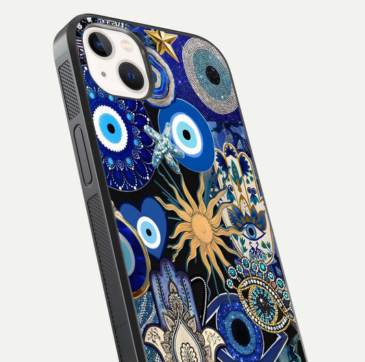 Mystic Blue Evil Eye Glass Case for iPhone 14 Plus close-up angled shot highlighting mystical glow and HD reflection