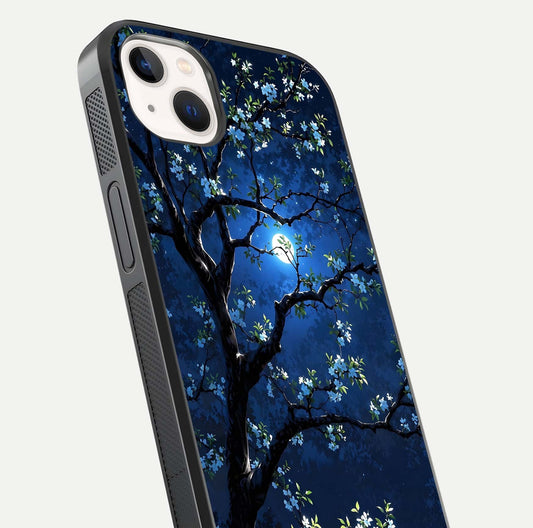 Mystic Floral Night Glass Case for iPhone 14 Plus close-up angled shot highlighting petal detail and HD reflection