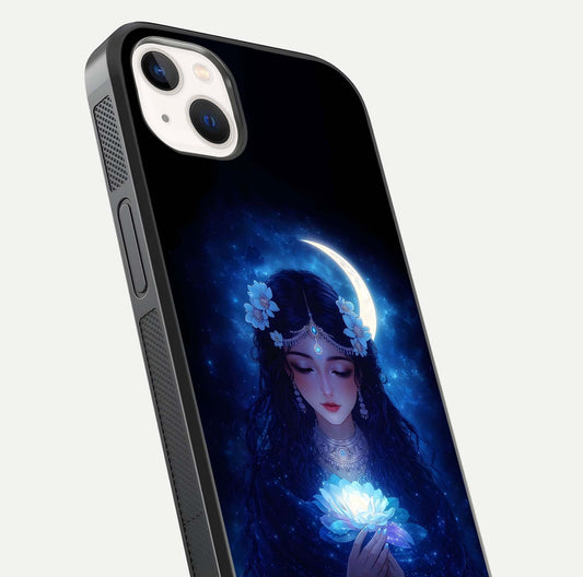 Mystic Moon Queen Glass Case for iPhone 14 Plus close-up angled shot showing shine and lunar tones