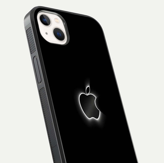 Neon Apple Glow Glass Case for iPhone 14 Plus close-up angled shot highlighting neon reflection and color pop