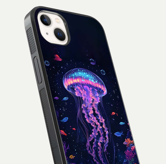 Neon Jellyfish Glass Case for iPhone 14 Plus close-up angled shot showing translucent jellyfish and shine reflection