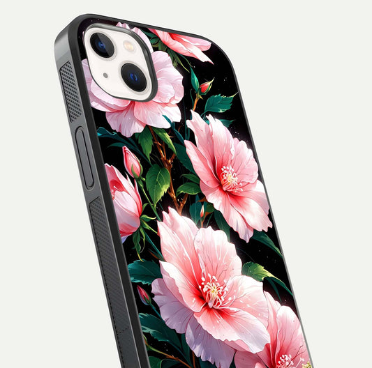 Peach Flower Glass Case for iPhone 14 Plus close-up angled shot highlighting floral petals and HD glass reflection