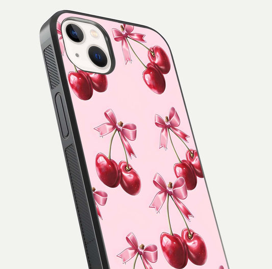Red Cherries Pattern Glass Case for iPhone 14 Plus close-up angled shot showing cherry details and HD reflection