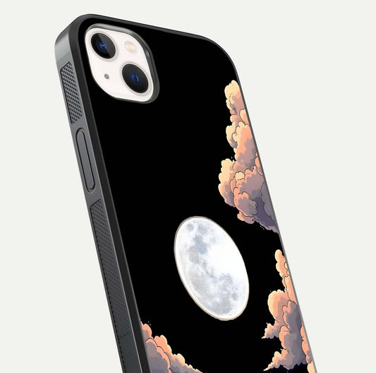 Shade Cloud Moon Glass Case for iPhone 14 Plus close-up angled shot highlighting moon reflection and depth