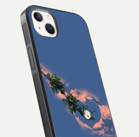 Sky Under Tree Glass Case for iPhone 14 Plus close-up angled shot highlighting detail, color, and reflection