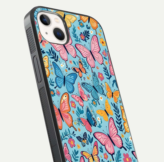 Spring Wing Garden Glass Case for iPhone 14 Plus close-up angled shot highlighting petal details and reflection