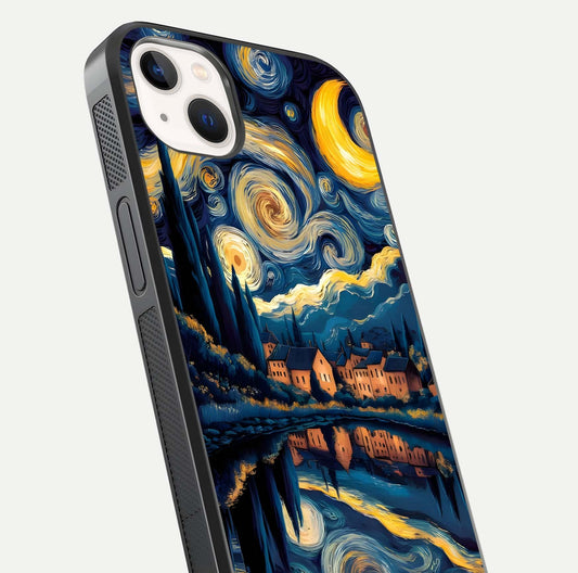 Starry Sky Serenity Glass Case for iPhone 14 Plus close-up angled shot highlighting light reflection and blue hues