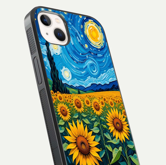 Starry Sunflower Dreams Glass Case for iPhone 14 Plus close-up angled shot highlighting petal texture and gloss