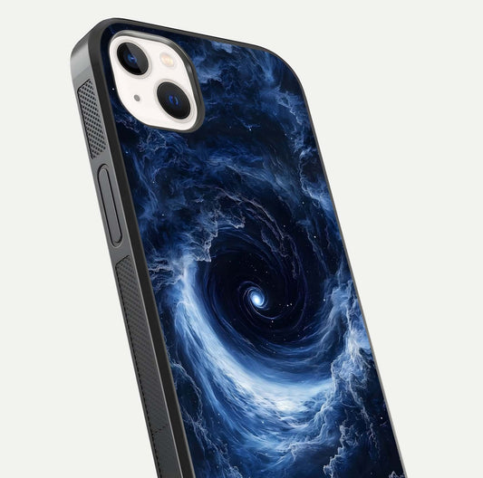 Stunning Galaxy Glass Case for iPhone 14 Plus close-up angled shot highlighting nebula tones and HD reflection