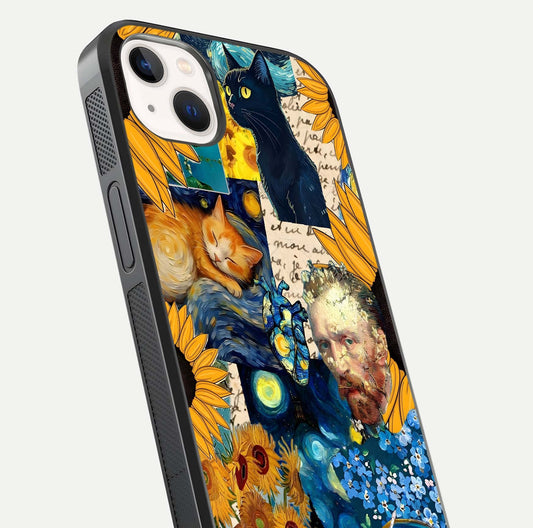 Sunflower Cat Art Glass Case for iPhone 14 Plus close-up angled shot highlighting yellow tones and art reflection
