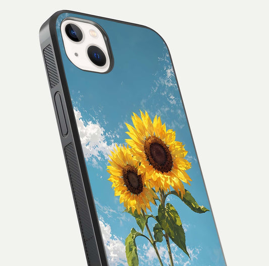 Sunflower Sky Bloom Glass Case for iPhone 14 Plus close-up angled shot highlighting petal details and reflection