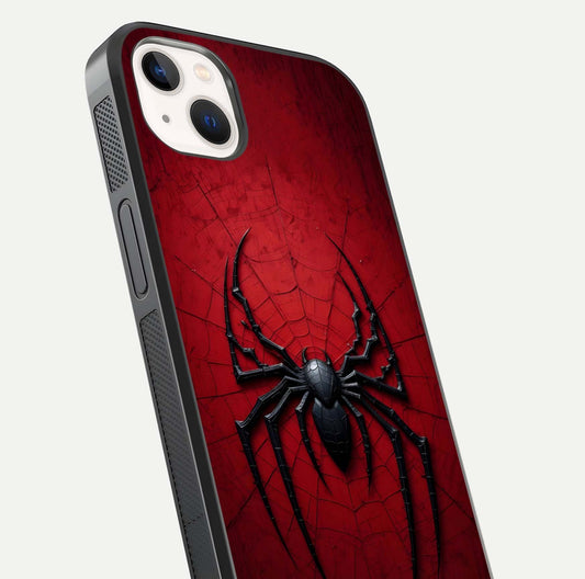 Venom Web Emblem Glass Case for iPhone 14 Plus close-up angled shot highlighting sharp logo lines and reflection