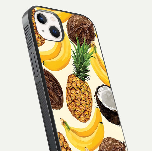 Tropical Fruit Mood Glass Case for iPhone 14 Plus close-up angled shot highlighting fruit texture and reflection
