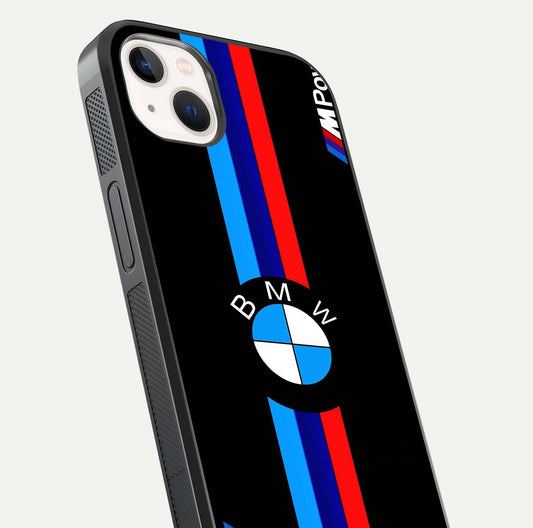 Turbo BMW Beast Glass Case for iPhone 14 Plus close-up angled shot highlighting car detailing and reflection