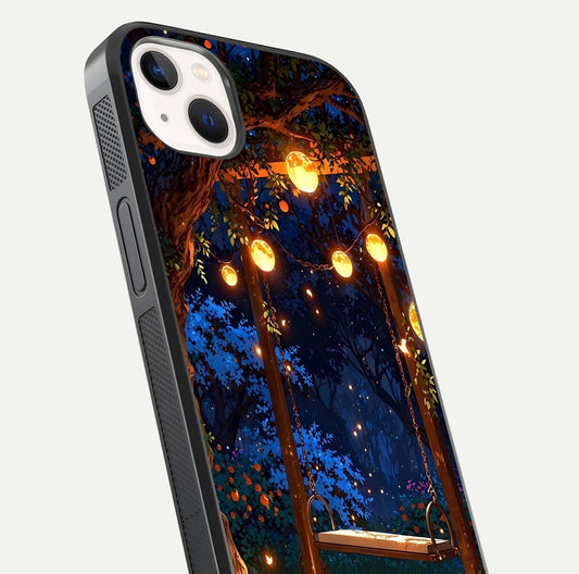 Twilight Garden Swing Glass Case for iPhone 14 Plus close-up angled shot highlighting floral tones and reflection