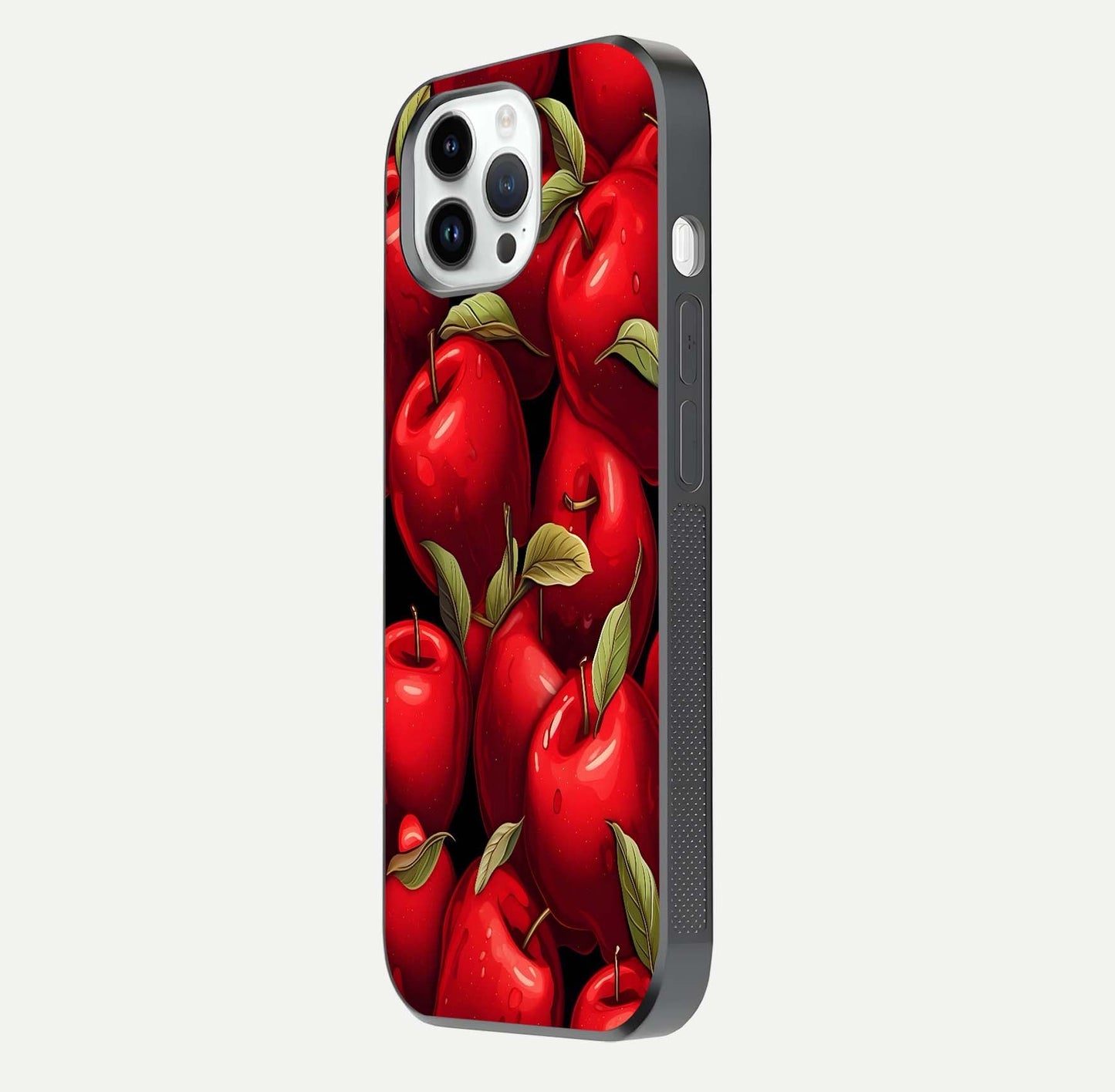 Apple Pattern Glass Case for iPhone 16 Pro side-angle image showcasing minimalist apple print and gloss reflection