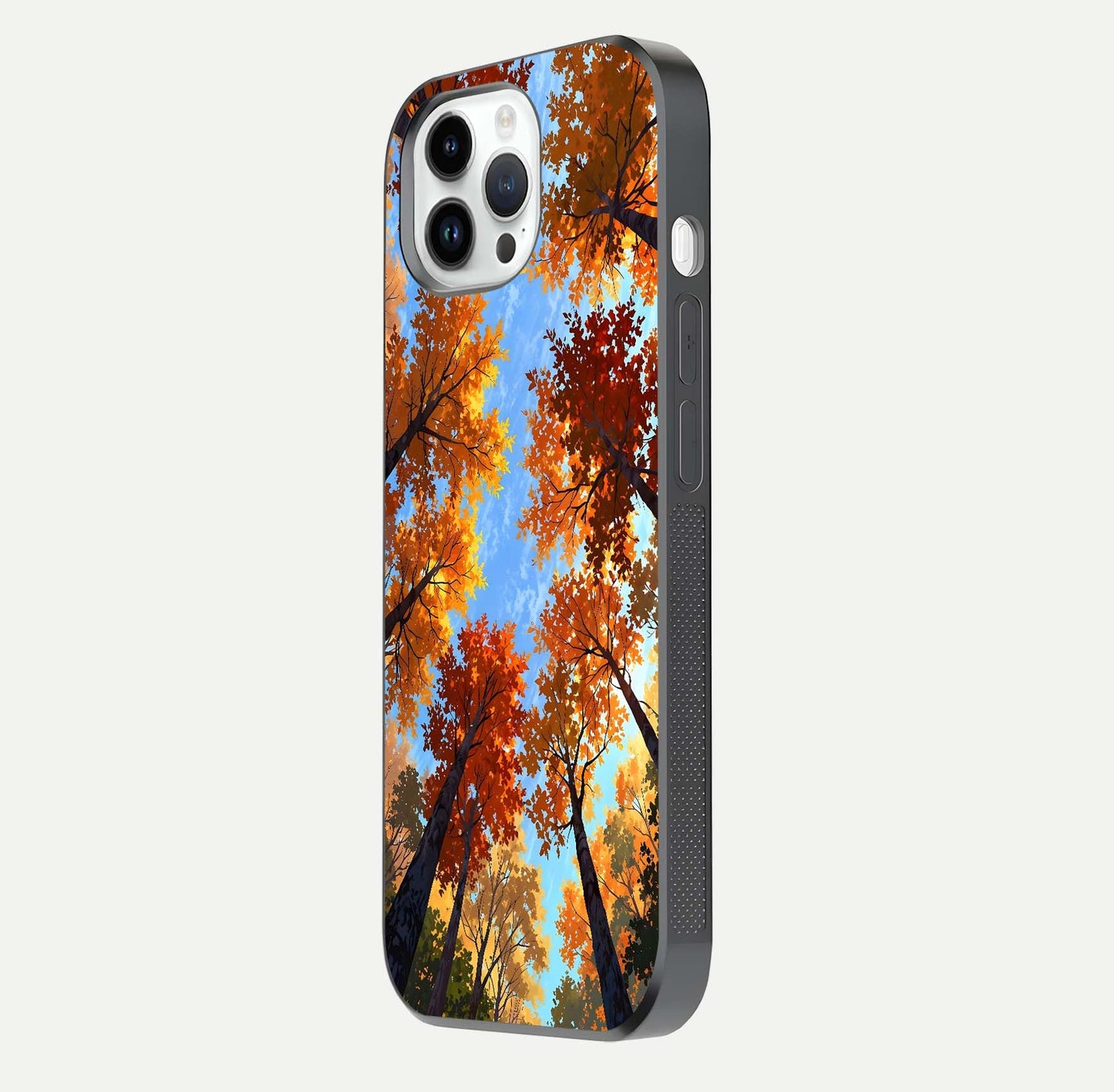 Autumn Sky Rise Glass Case for iPhone 16 Pro side-angle showing autumn art tones and protective corners