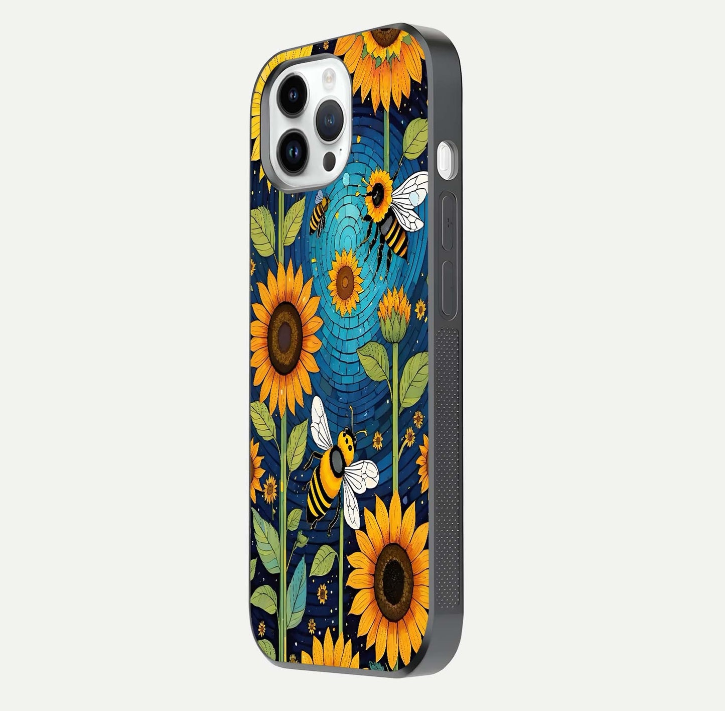 Bees & Sunflowers Glass Case for iPhone 16 Pro side-angle image showing bee pattern alignment and shiny protective surface