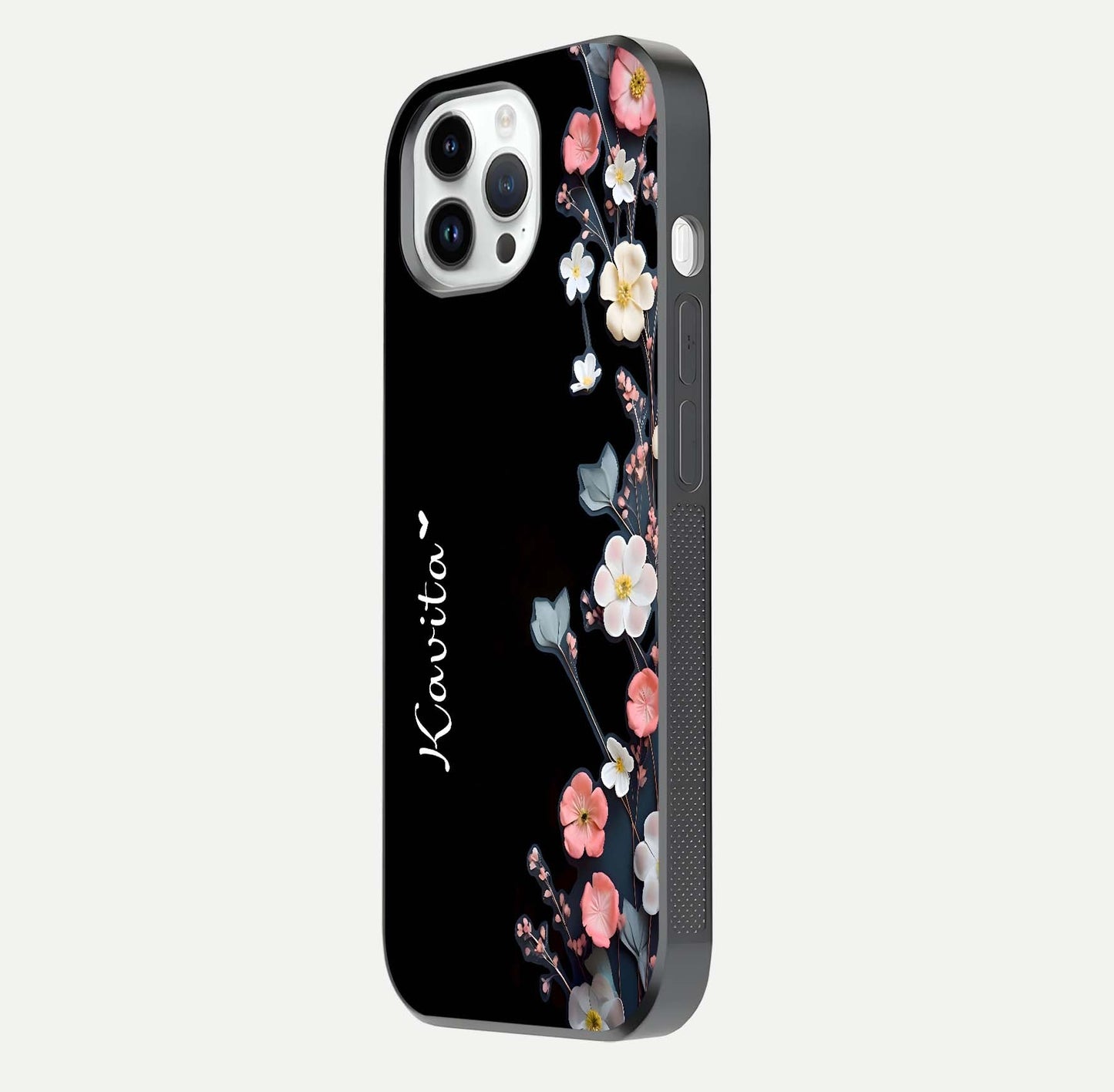 Black Elegance Floral Custom Name Glass Case for iPhone 16 Pro side-angle showing black gloss depth and delicate print texture