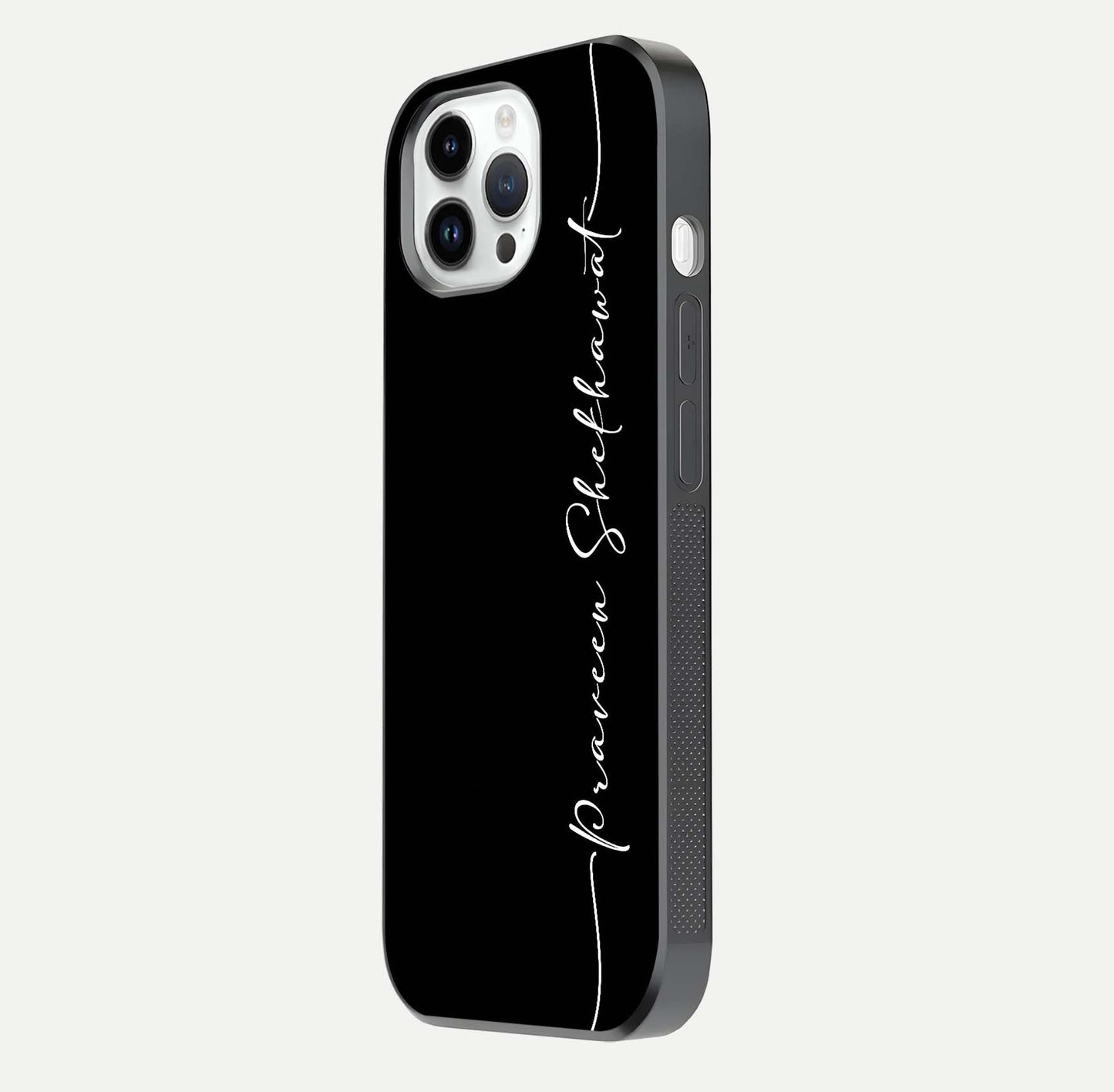 Black Tune Custom Name Glass Case for iPhone 16 Pro side-angle photo showing mirror-like surface and slim profile