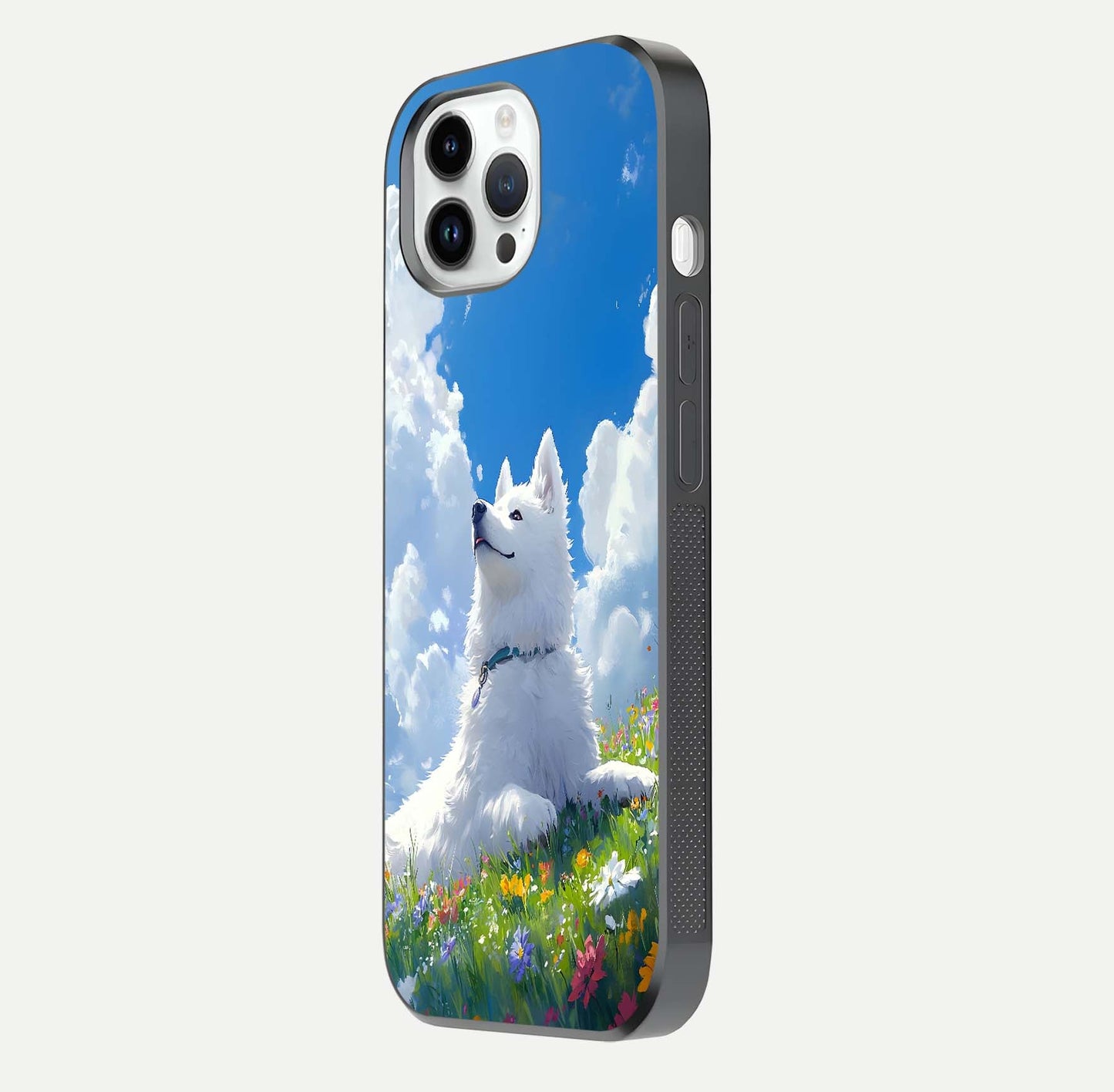 Blissful Cloud Pup Glass Case for iPhone 16 Pro side-angle shot displaying puppy print and glossy texture