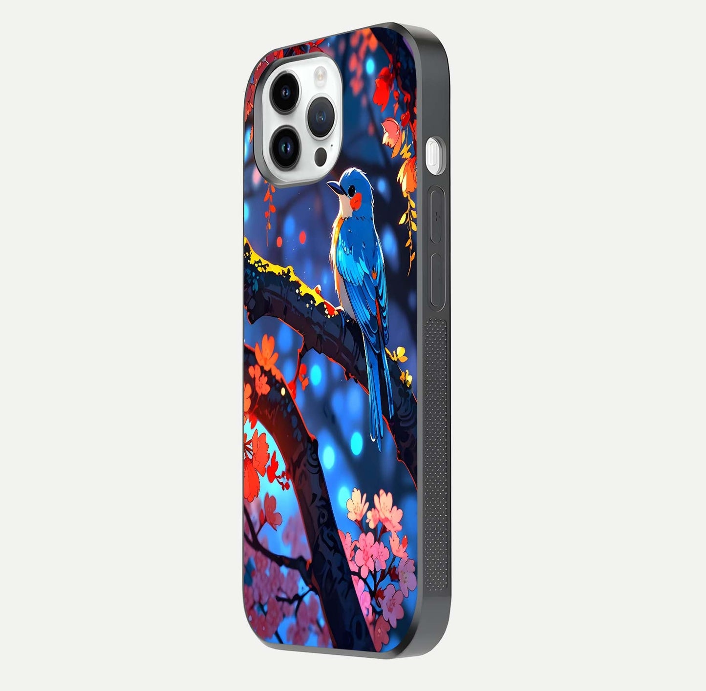 Blooming Spendor Bird Glass Case for iPhone 16 Pro side-angle photo showing floral wings and reflection finish