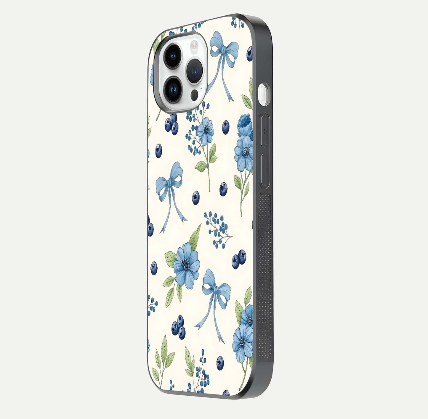 Blue Flower & Bow Glass Case for iPhone 16 Pro side-angle image showing bow-floral mix and HD finish shine