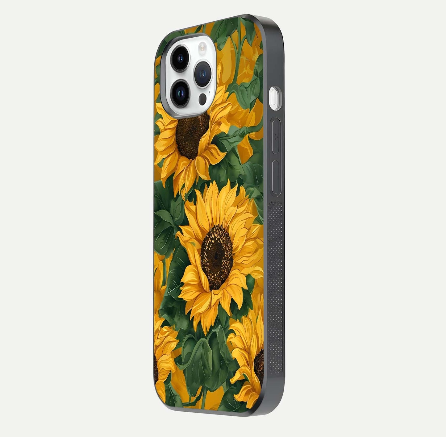 Bright Sunflower Bloom Glass Case for iPhone 14 Pro side-angle image showing shine texture and detailed bloom