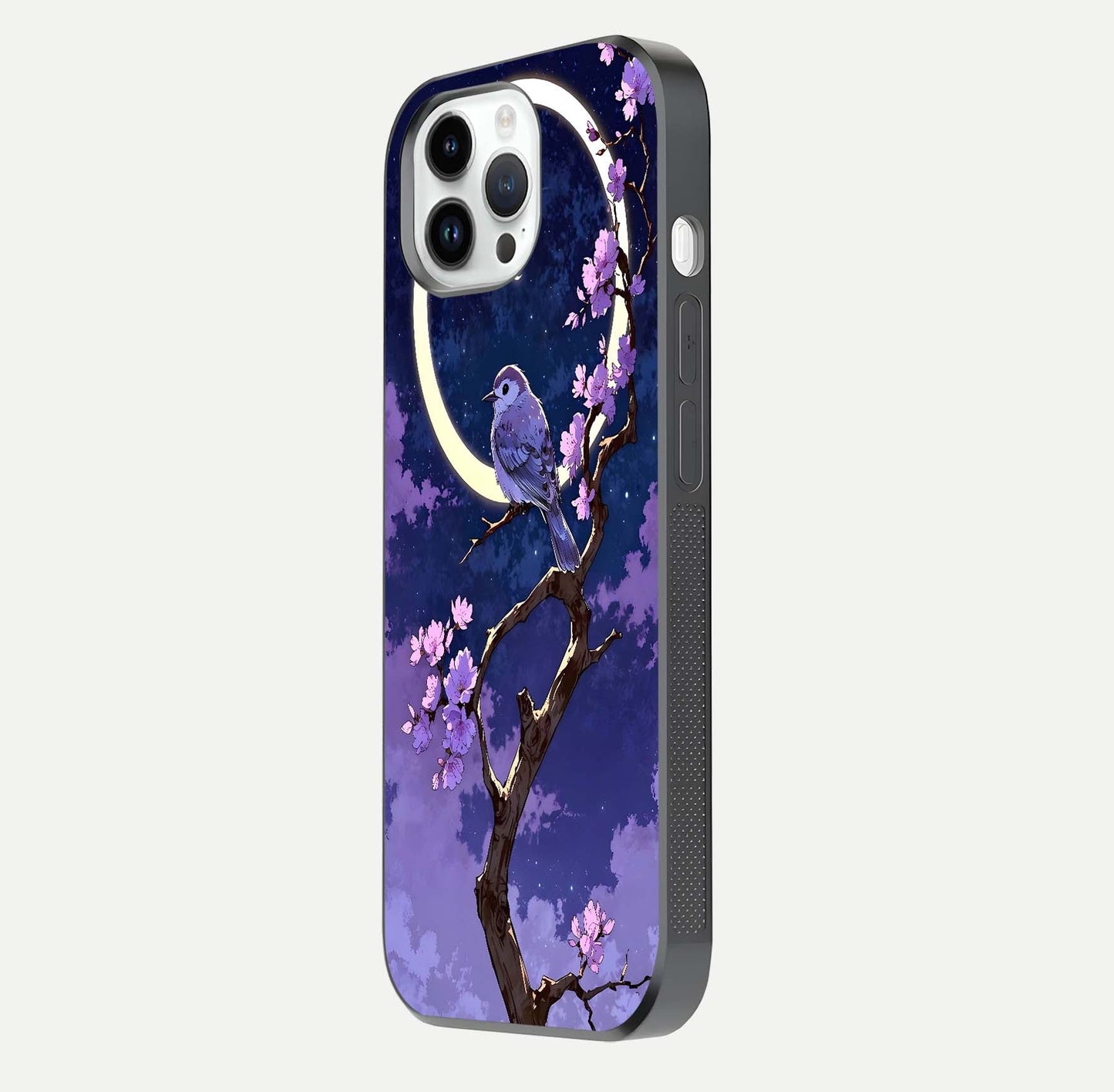 Celestial Bird Blossom Glass Case for iPhone 14 Pro side-angle image showing detailed wings and glossy polish