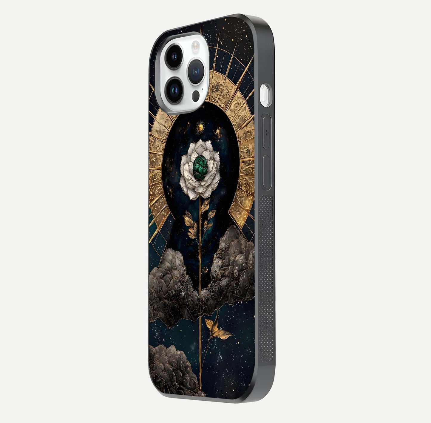 Celestial Lotus Morang Glass Case for iPhone 14 Pro side-angle image capturing shine and smooth curvature