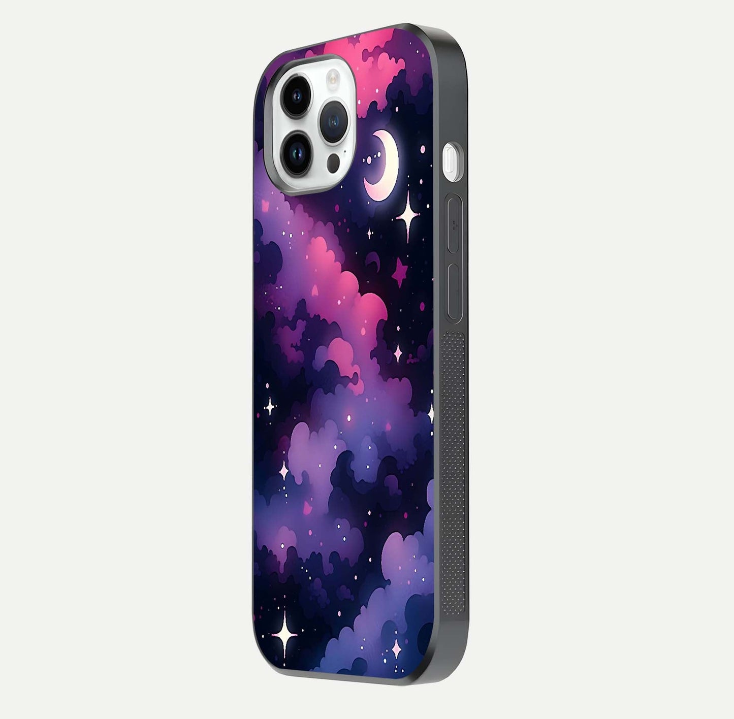 Celestial Moon Magic Glass Case for iPhone 14 Pro side-angle shot capturing soft reflection and curved gloss