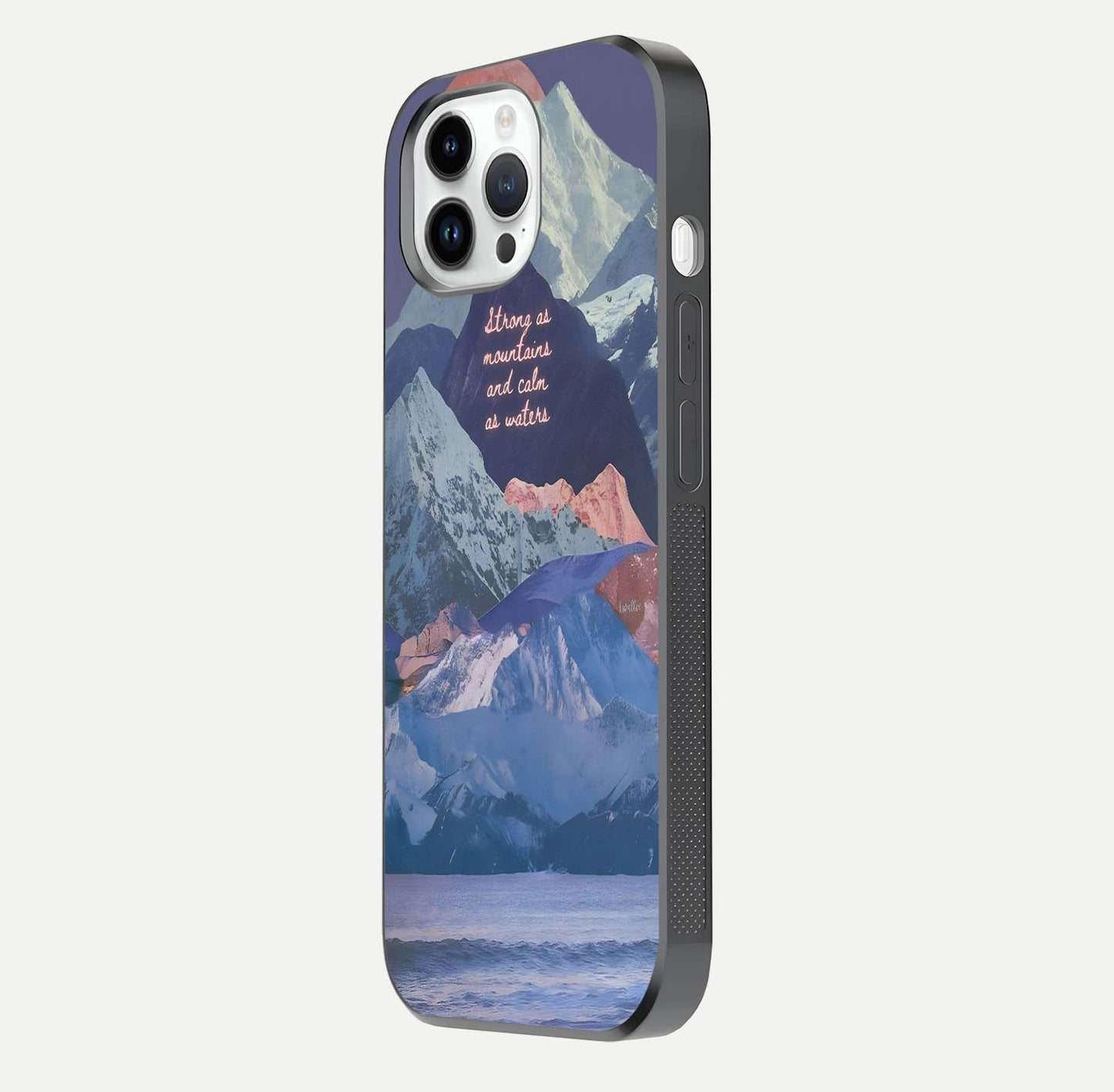 Celestial Mountain Calm Glass Case for iPhone 14 Pro side-angle image capturing mountain detail and shine gradient