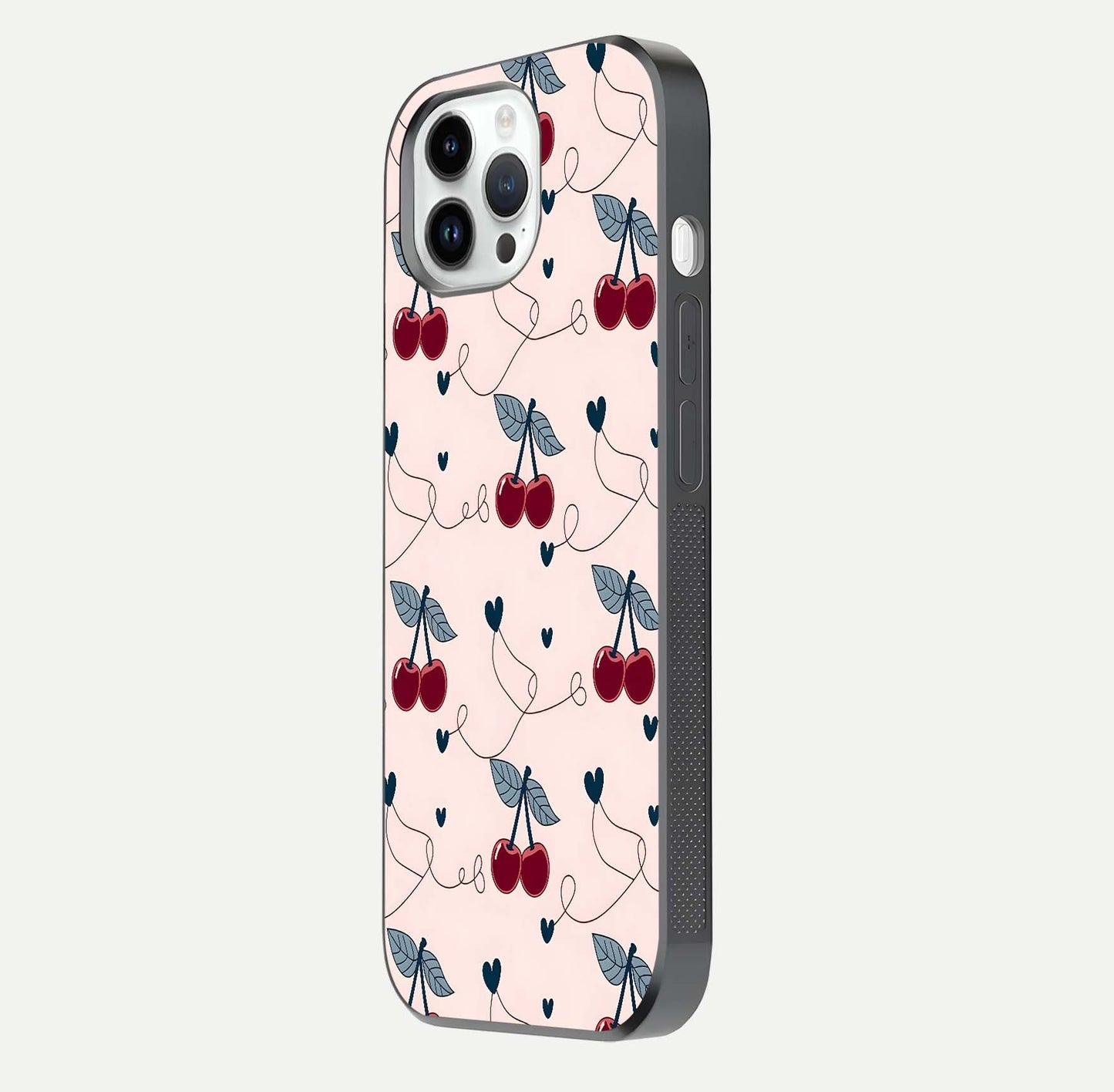 Cherry Heart Line Glass Case for iPhone 14 Pro side-angle view capturing smooth curves and shine effect