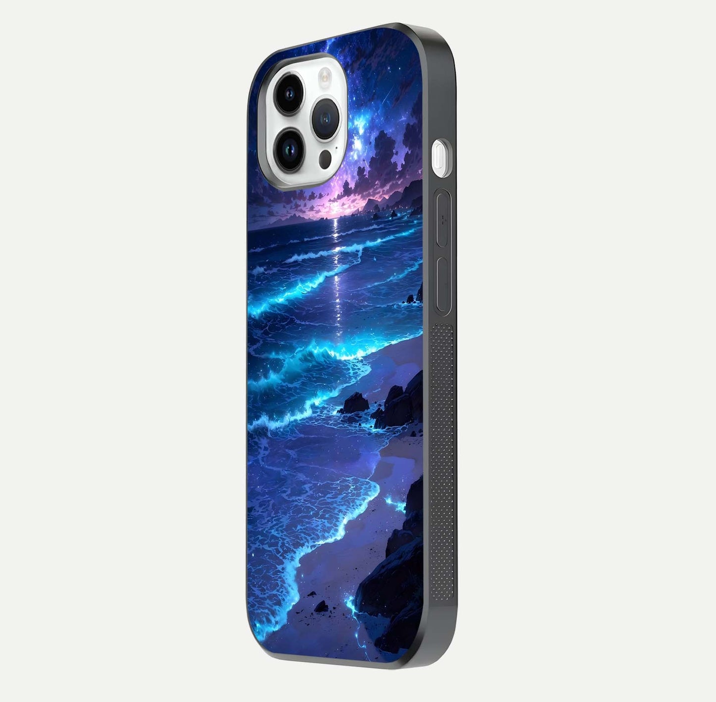 Classic Damn Look Glass Case for iPhone 14 Pro side-angle photo showing shine texture and curve reflection