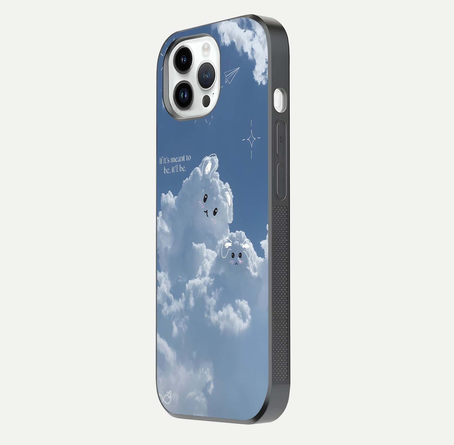 Cloud Bunny Dreams Glass Case for iPhone 14 Pro side-angle image capturing gloss texture and edge glow
