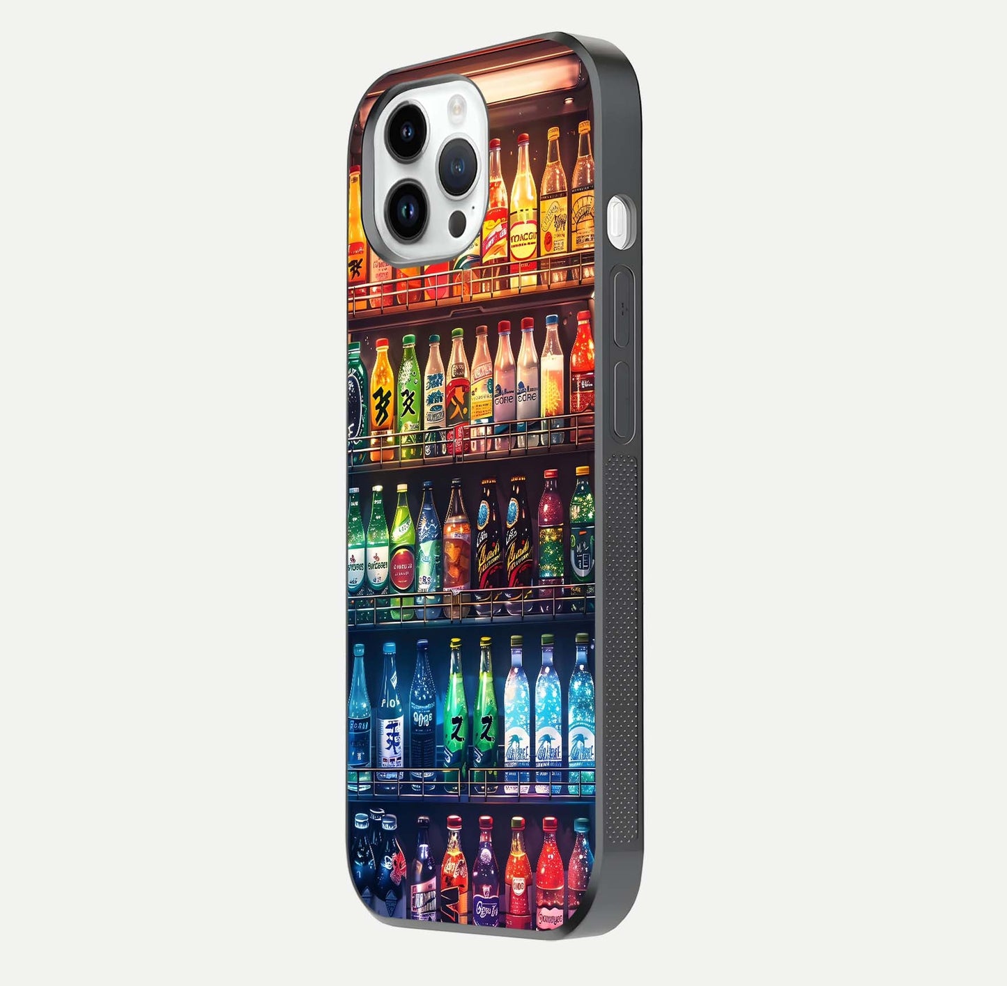 Colorful Soda Bottles Glass Case for iPhone 14 Pro side-angle photo showing polish shine and texture depth
