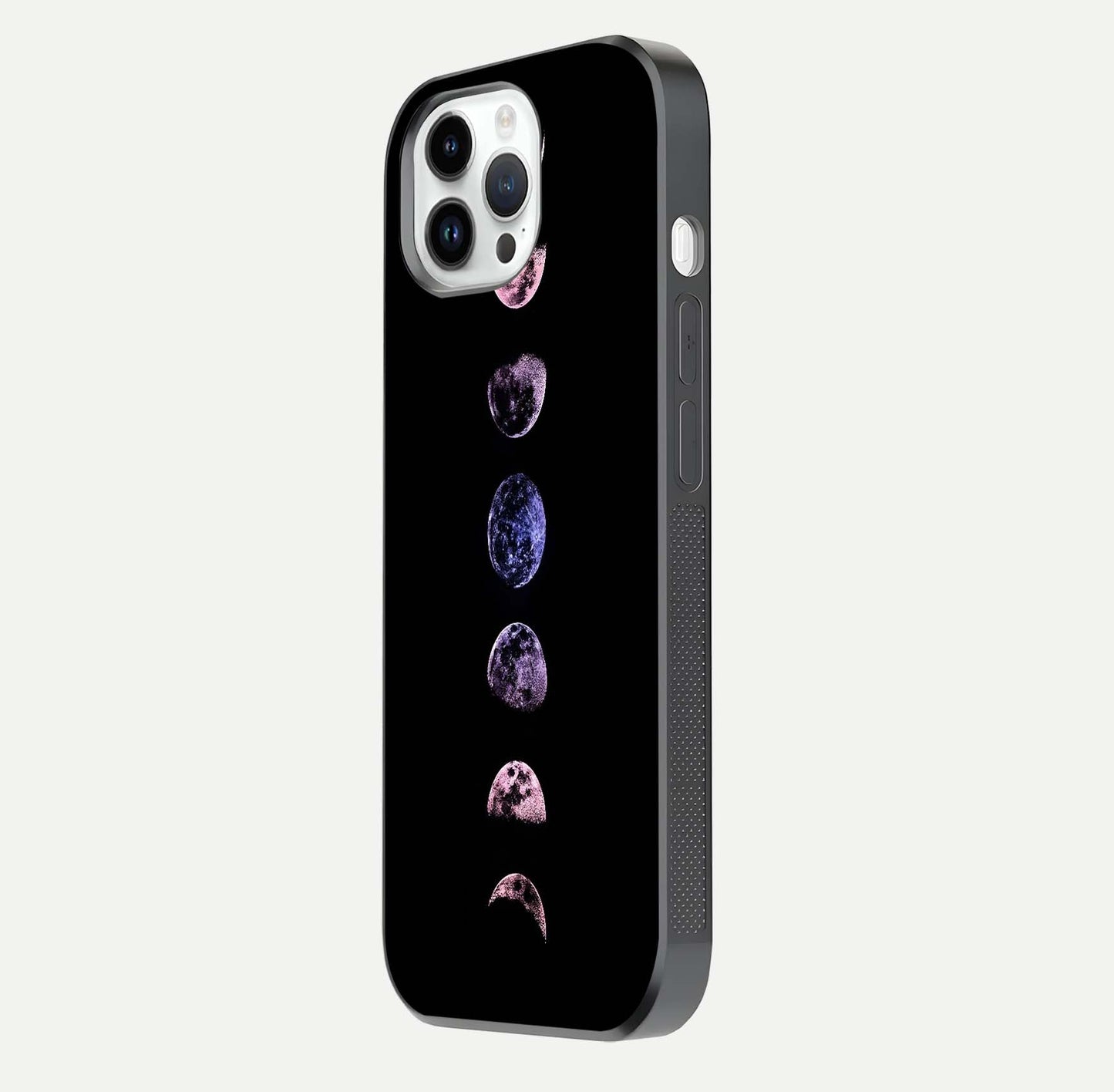 Crimson All Planets Glass Case for iPhone 14 Pro side-angle photo capturing edge glow and glass reflection