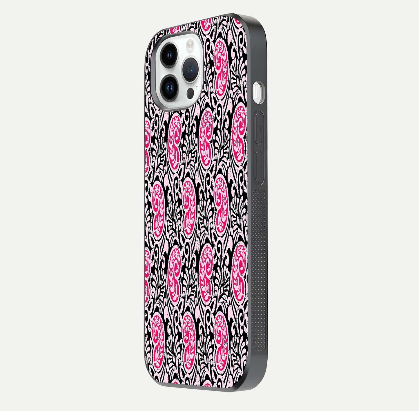 Crimson Paisley Charm Glass Case for iPhone 14 Pro side-angle image showing reflection and smooth edges
