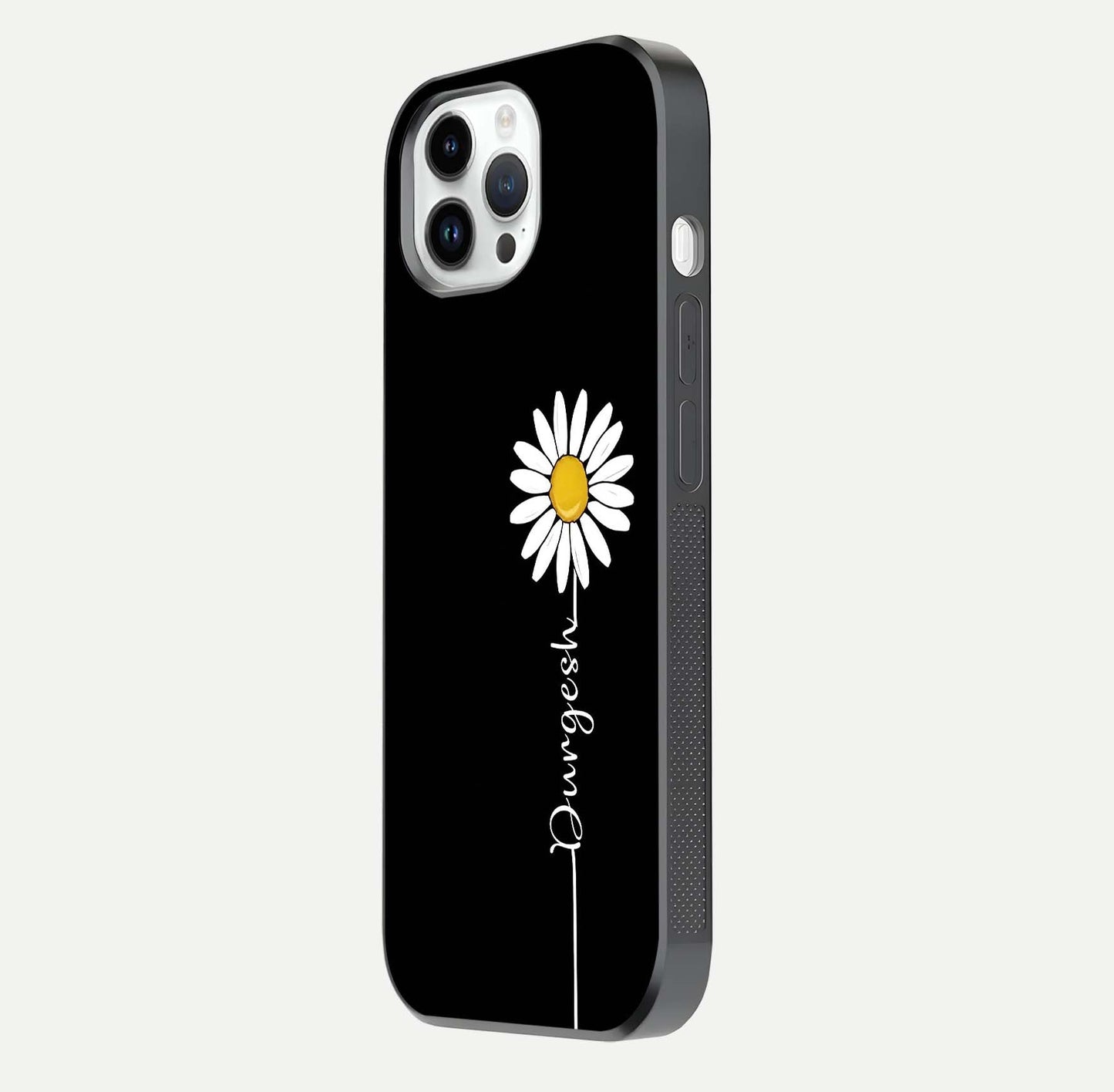 Custom Name White Flower Glass Case for iPhone 14 Pro side-angle photo showing reflection shine and name clarity